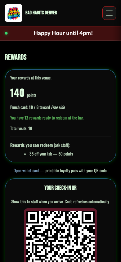 Loyalty screen from demo venue